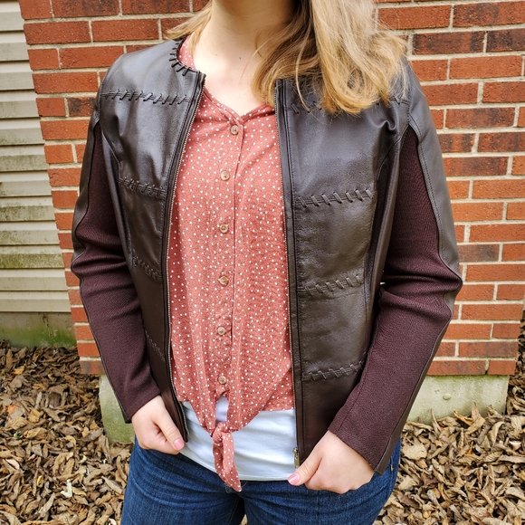Brown Leather and knit jacket - Nygard Collection - Picture 2 of 8